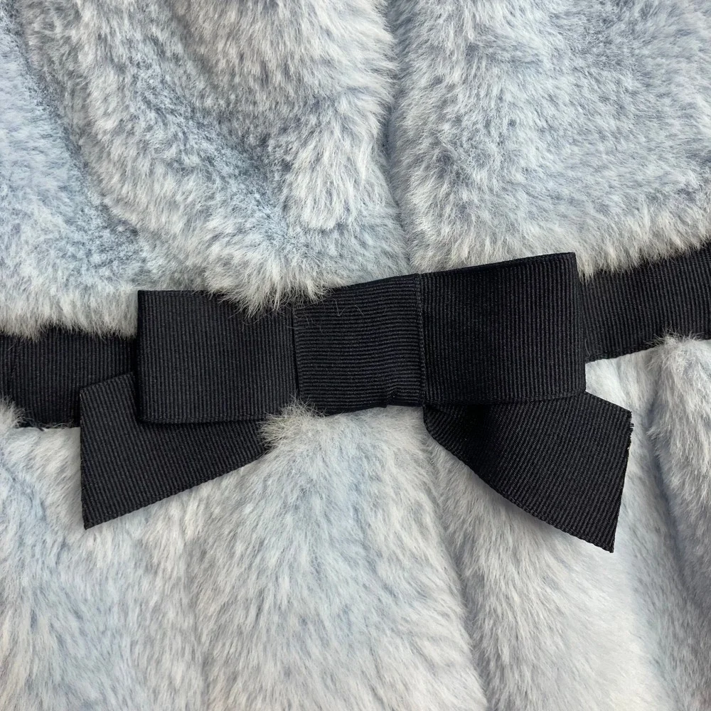 Janie and Jack Faux Fur Coat Ice Blue w/ Navy Bow Dressy Outerwear 12-18‎ months